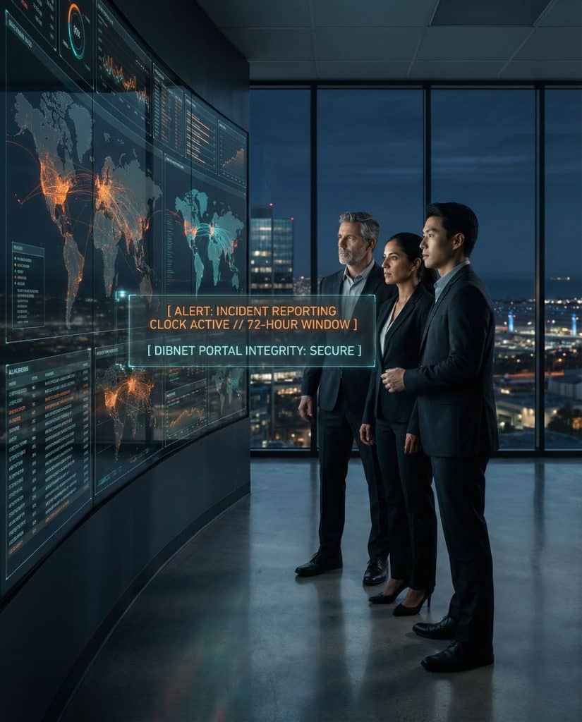 Cybersecurity operations team walking through high-tech command center near El Segundo, CA with digital threat intelligence dashboards in the background