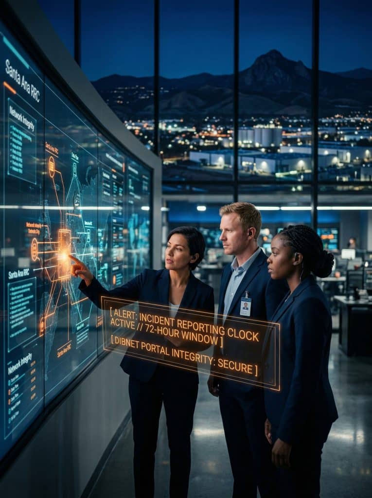 Cybersecurity operations team walking through high-tech command center near Santa Ana, CA with digital threat intelligence dashboards in the background