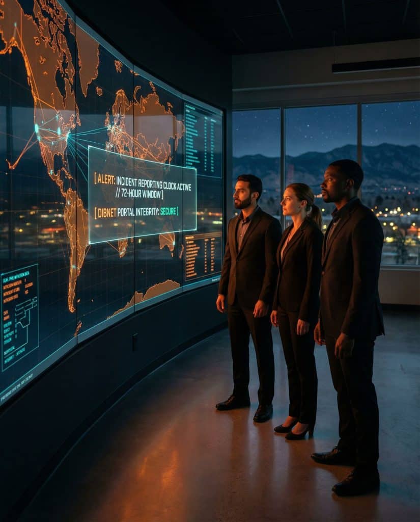 Cybersecurity operations team walking through high-tech command center near Fort Collins, CO with digital threat intelligence dashboards in the background