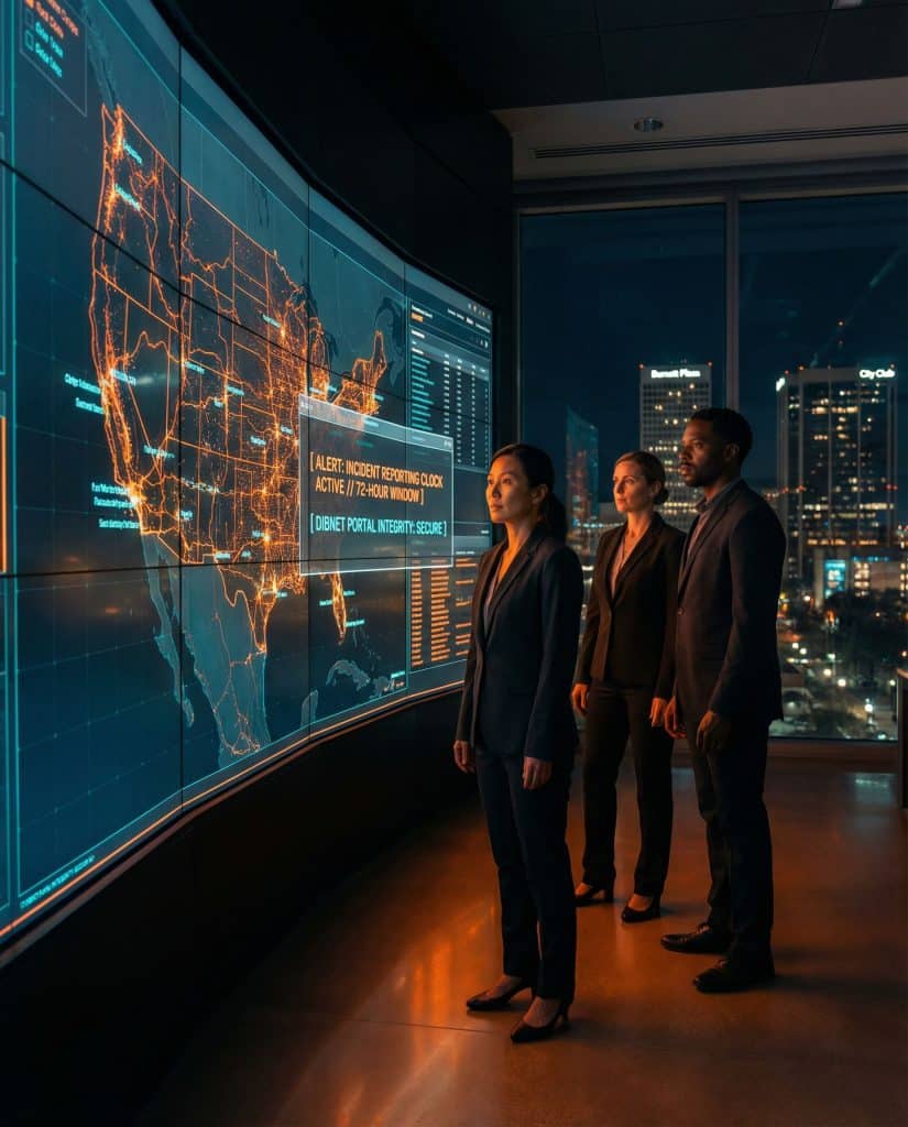Cybersecurity operations team walking through a high-tech command center near Fort Worth, TX, with digital threat intelligence dashboards in the background