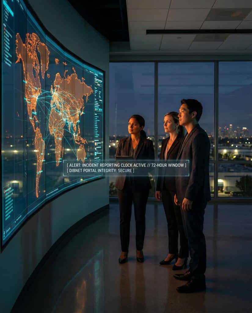 Cybersecurity operations team walking through high-tech command center near Fullerton, CA with digital threat intelligence dashboards in the background