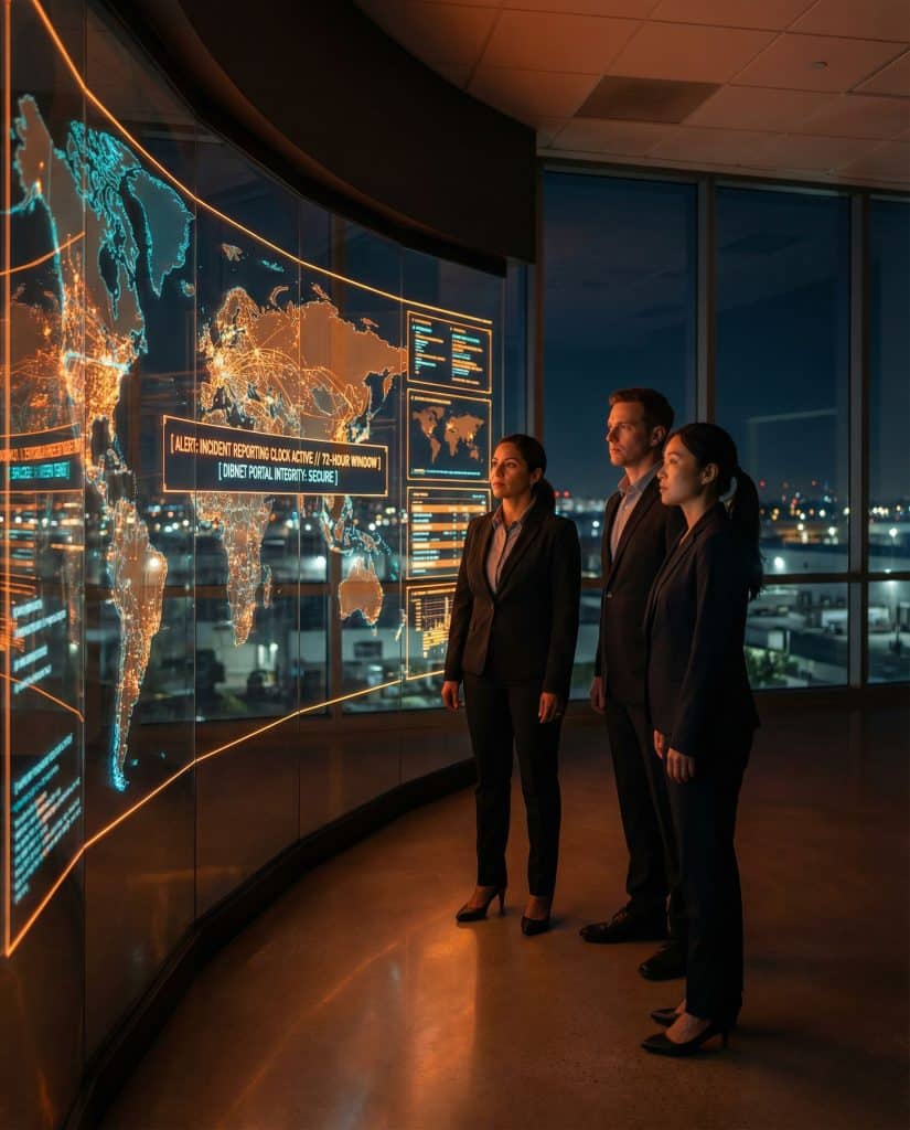 Cybersecurity operations team walking through high-tech command center near Gardena, CA with digital threat intelligence dashboards in the background