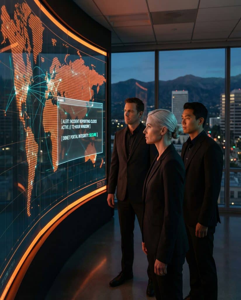 Cybersecurity operations team walking through high-tech command center near Glendale, CA with digital threat intelligence dashboards in the background