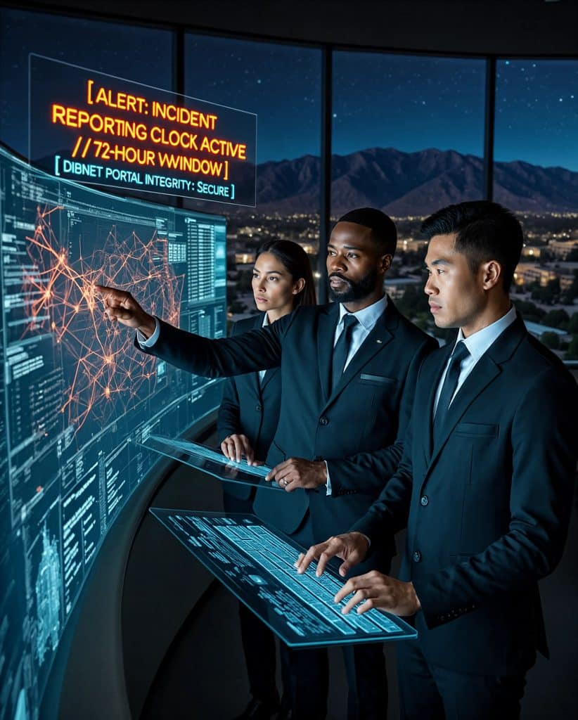 Cybersecurity operations team walking through high-tech command center near Glendora, CA with digital threat intelligence dashboards in the background
