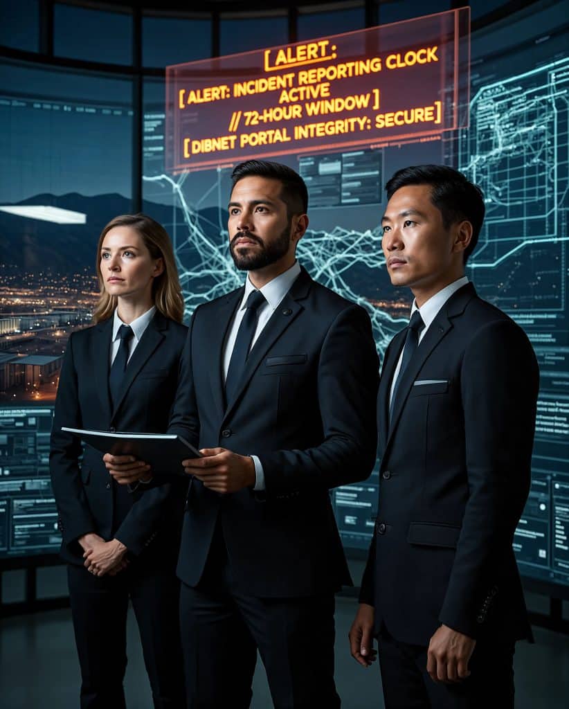 Cybersecurity operations team walking through high-tech command center near Hawthorne, CA with digital threat intelligence dashboards in the background