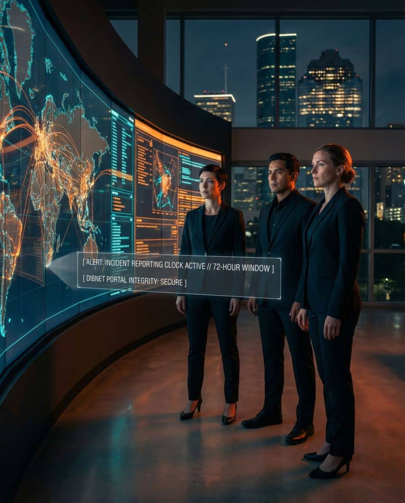 Cybersecurity operations team walking through high-tech command center near Houston, TX with digital threat intelligence dashboards in the background