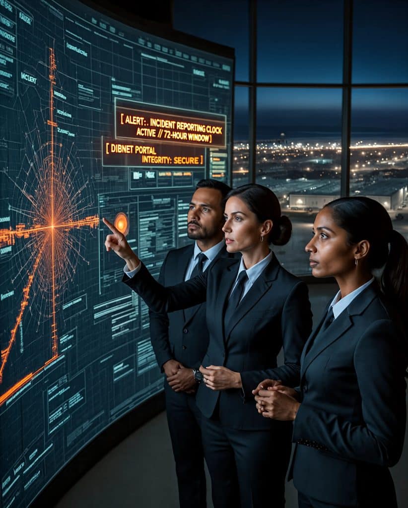 Cybersecurity operations team walking through high-tech command center near Huntington Beach, CA with digital threat intelligence dashboards in the background