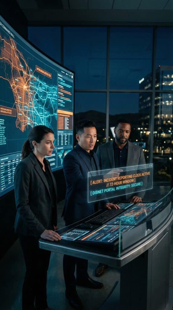 Cybersecurity operations team walking through high-tech command center near Irvine, CA with digital threat intelligence dashboards in the background