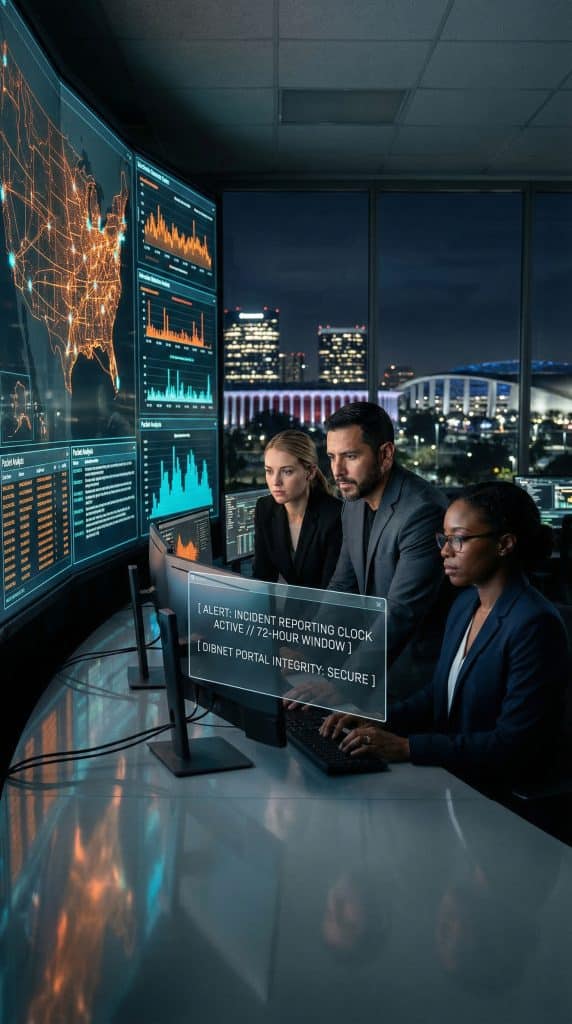Cybersecurity operations team walking through high-tech command center near Inglewood, CA with digital threat intelligence dashboards in the background