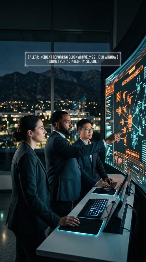 Cybersecurity operations team walking through high-tech command center near La Canada Flintridge, CA with digital threat intelligence dashboards in the background