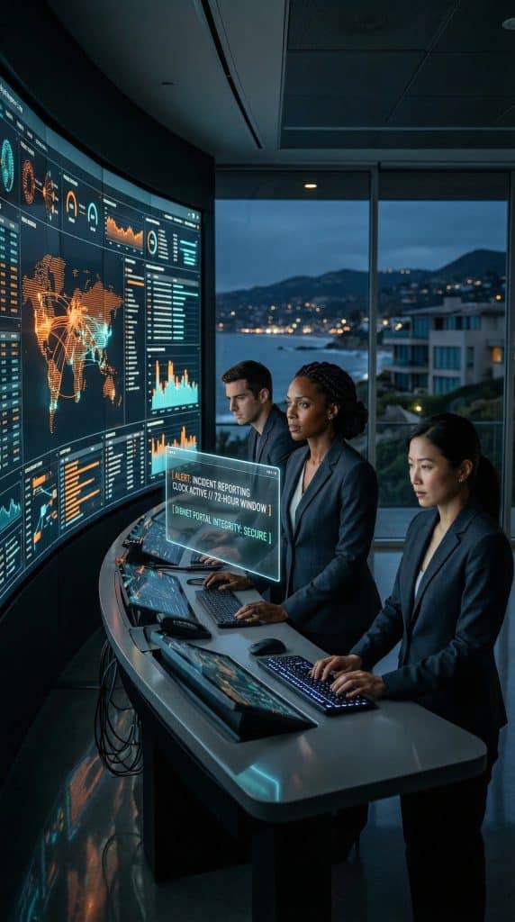 Cybersecurity operations team walking through high-tech command center near Laguna Beach, CA with digital threat intelligence dashboards in the background