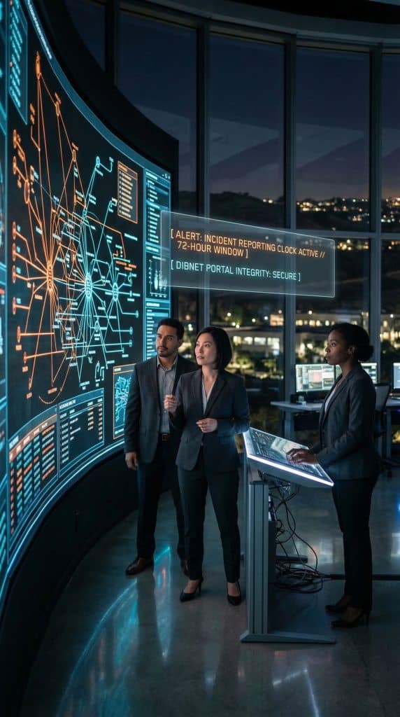 Cybersecurity operations team walking through high-tech command center near Laguna Hills, CA with digital threat intelligence dashboards in the background