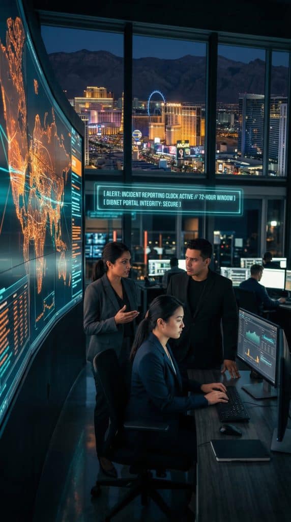 Cybersecurity operations team walking through high-tech command center near Las Vegas, NV with digital threat intelligence dashboards in the background