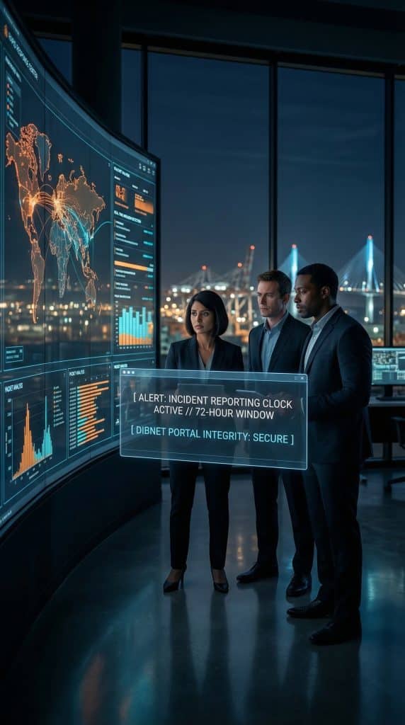 Cybersecurity operations team walking through high-tech command center near Long Beach, CA with digital threat intelligence dashboards in the background
