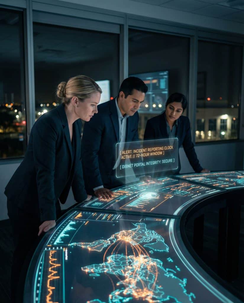 Cybersecurity operations team walking through high-tech command center near Los Alamitos, CA with digital threat intelligence dashboards in the background