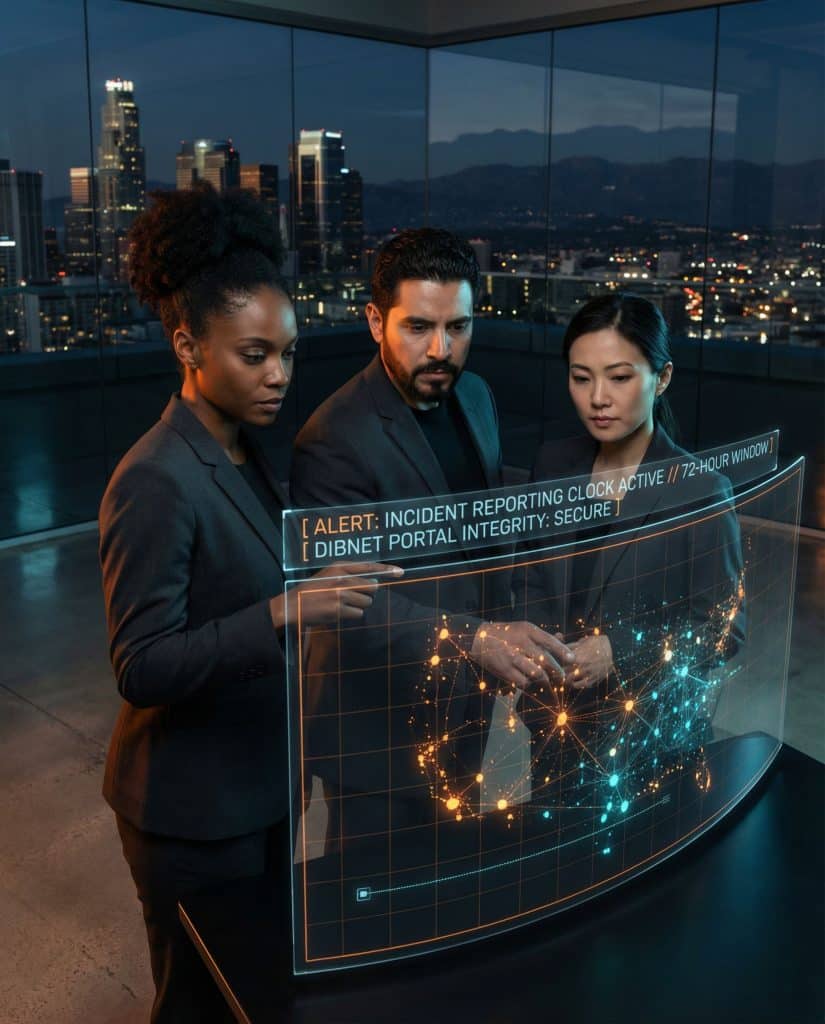 Cybersecurity operations team walking through high-tech command center near Los Angeles, CA with digital threat intelligence dashboards in the background