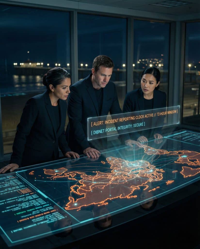 Cybersecurity operations team walking through high-tech command center near Manhattan Beach, CA with digital threat intelligence dashboards in the background