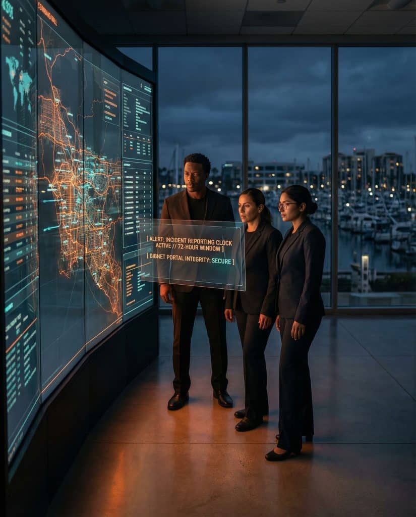 Cybersecurity operations team walking through high-tech command center near Marina del Rey, CA with digital threat intelligence dashboards in the background