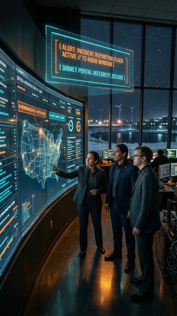Cybersecurity operations team walking through high-tech command center near Minot, CA with digital threat intelligence dashboards in the background
