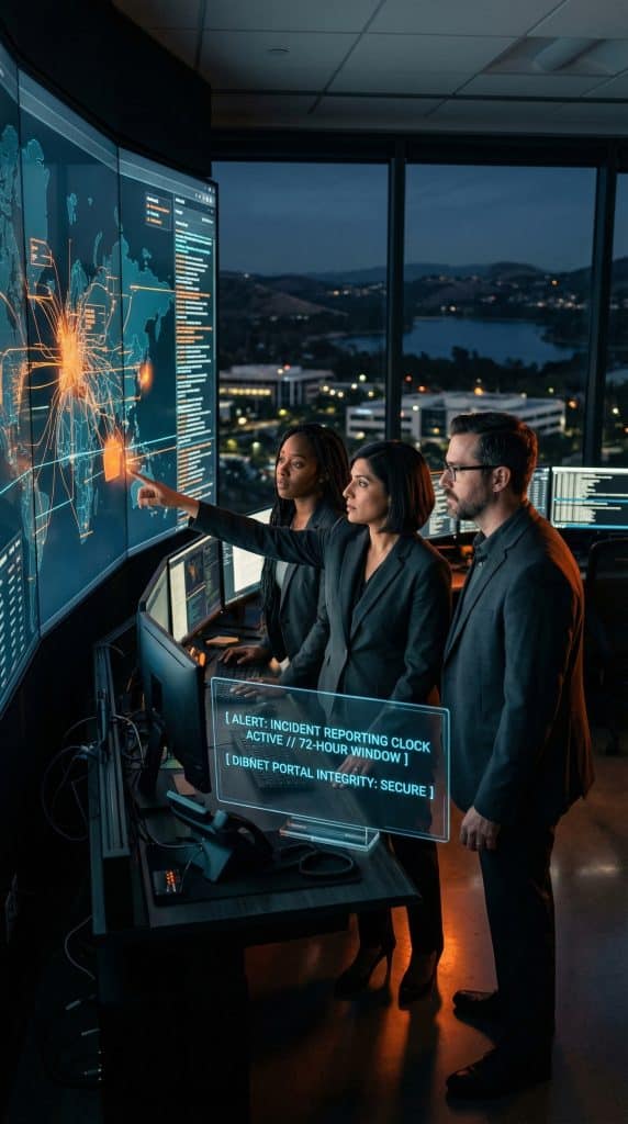 Cybersecurity operations team walking through high-tech command center near Mission Viejo, CA with digital threat intelligence dashboards in the background