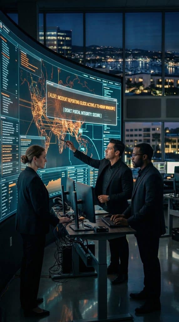 Cybersecurity operations team walking through high-tech command center near New Port Beach, CA with digital threat intelligence dashboards in the background