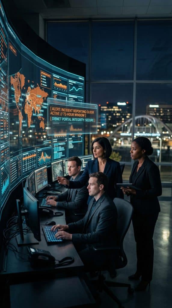 Cybersecurity operations team walking through high-tech command center near Norwalk, CA with digital threat intelligence dashboards in the background