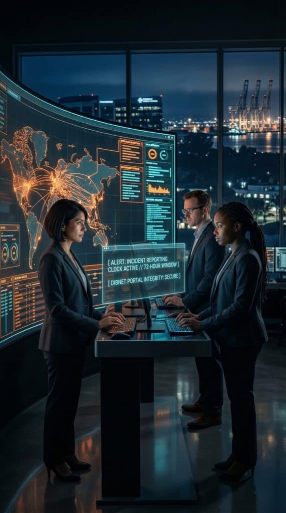 Cybersecurity operations team walking through high-tech command center near Oakland, CA with digital threat intelligence dashboards in the background