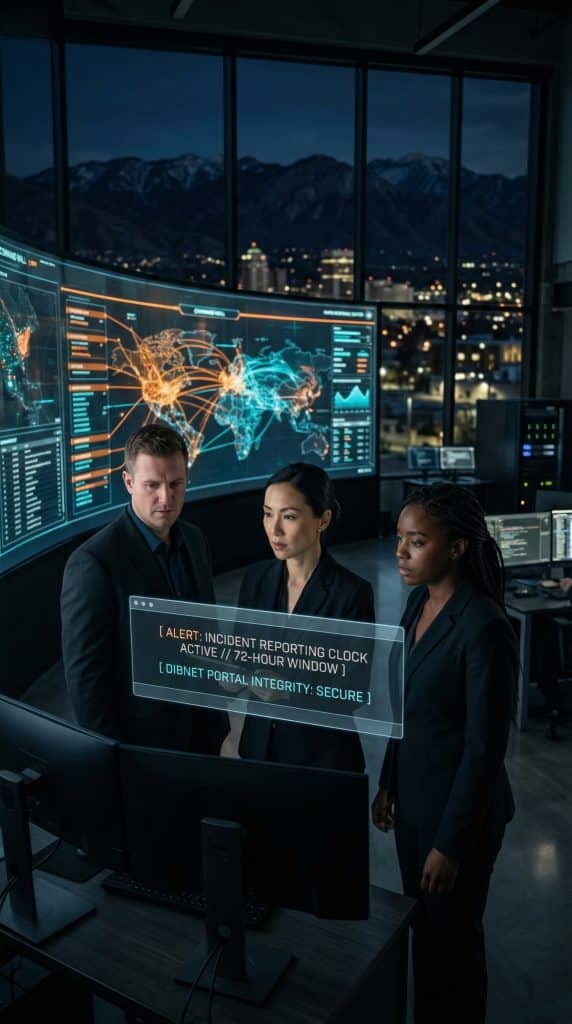 Cybersecurity operations team walking through high-tech command center near Ogden, UT with digital threat intelligence dashboards in the background