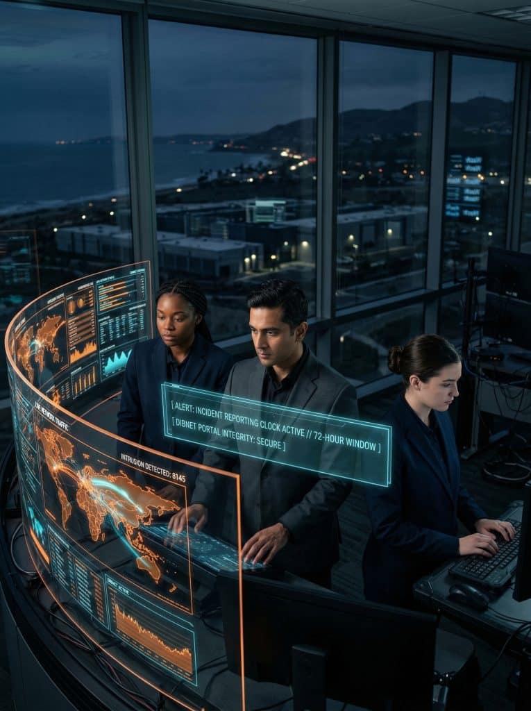 Cybersecurity operations team walking through high-tech command center near Orange County, CA with digital threat intelligence dashboards in the background