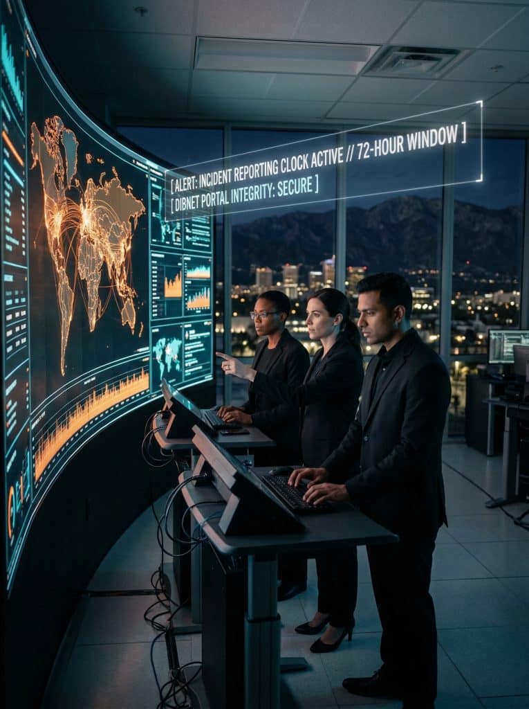 Cybersecurity operations team walking through high-tech command center near Pasadena, CA with digital threat intelligence dashboards in the background