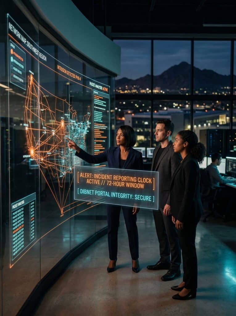 Cybersecurity operations team walking through high-tech command center near Phoenix, AZ with digital threat intelligence dashboards in the background