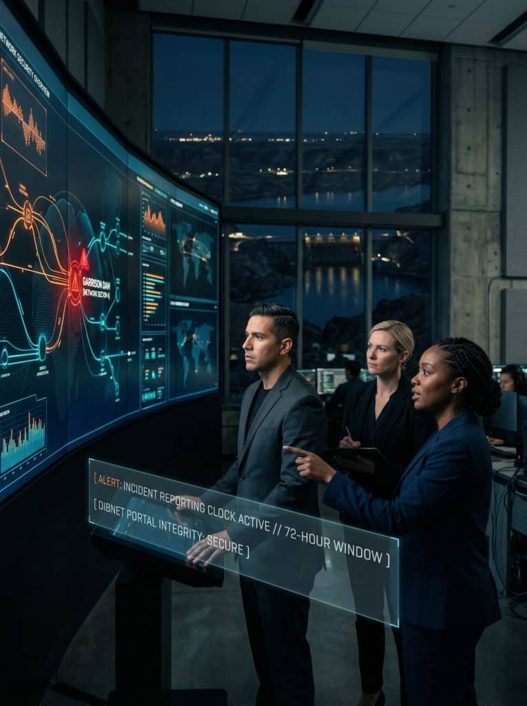 Cybersecurity operations team walking through high-tech command center near Pick City, ND with digital threat intelligence dashboards in the background