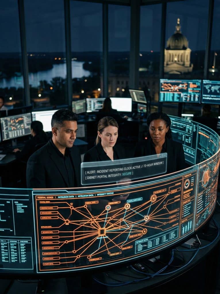 Cybersecurity operations team walking through high-tech command center near Pierre, ND with digital threat intelligence dashboards in the background