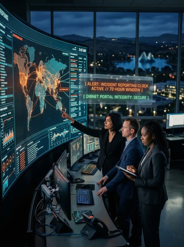 Cybersecurity operations team walking through high-tech command center near Placentia, CA with digital threat intelligence dashboards in the background