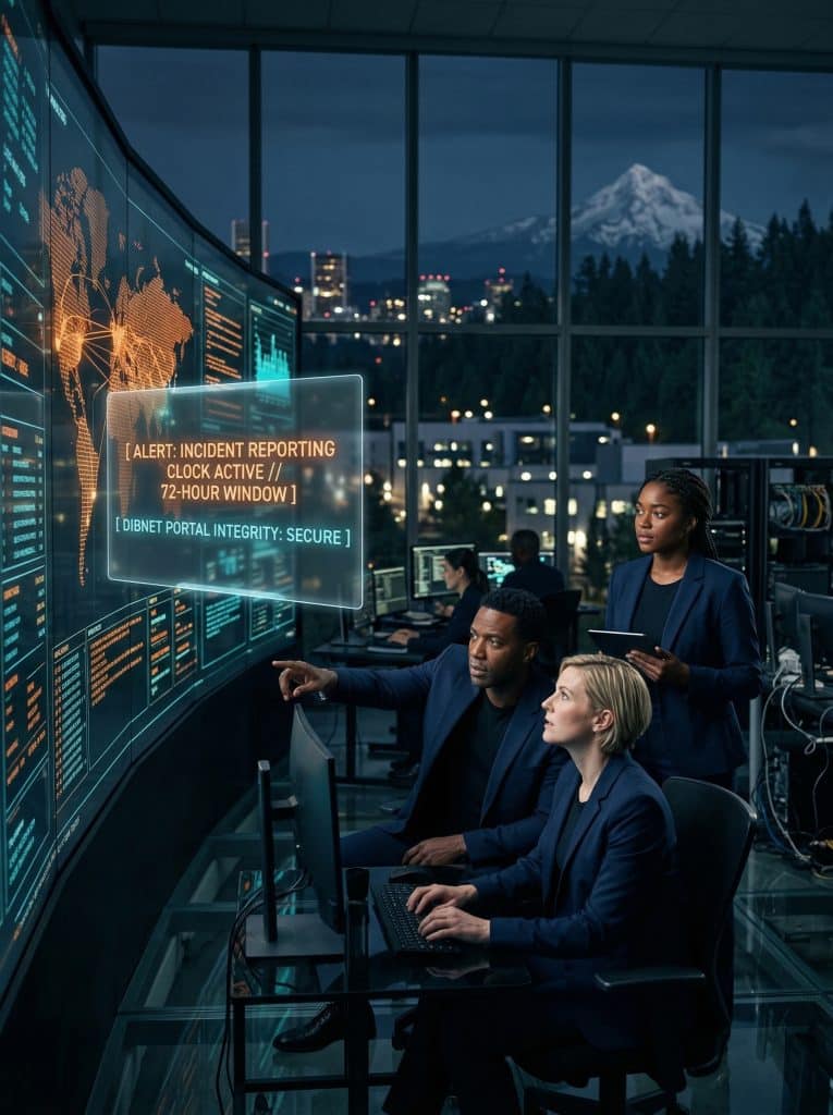 Cybersecurity operations team walking through high-tech command center near Portland, OR with digital threat intelligence dashboards in the background