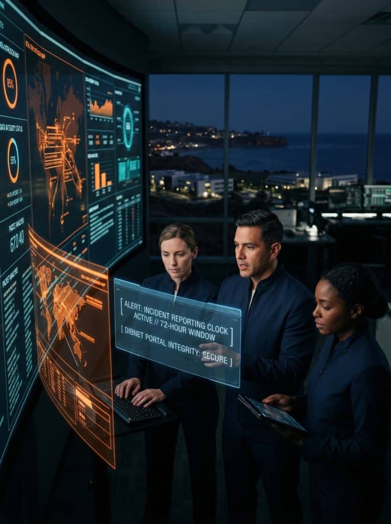Cybersecurity operations team walking through high-tech command center near Rancho Palos Verdes, CA with digital threat intelligence dashboards in the background