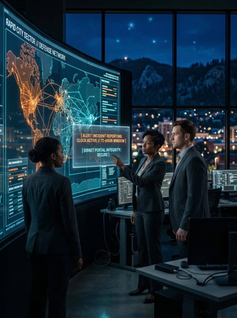 Cybersecurity operations team walking through high-tech command center near Rapid City, SD with digital threat intelligence dashboards in the background