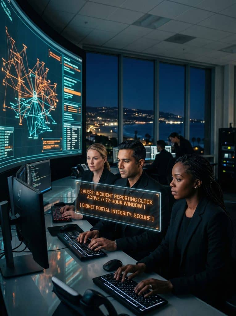 Cybersecurity operations team walking through high-tech command center near Redondo Beach, CA with digital threat intelligence dashboards in the background