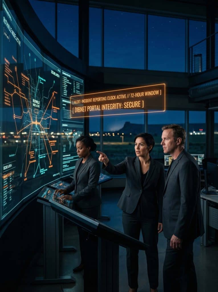 Cybersecurity operations team walking through high-tech command center near Ruthville, SD with digital threat intelligence dashboards in the background