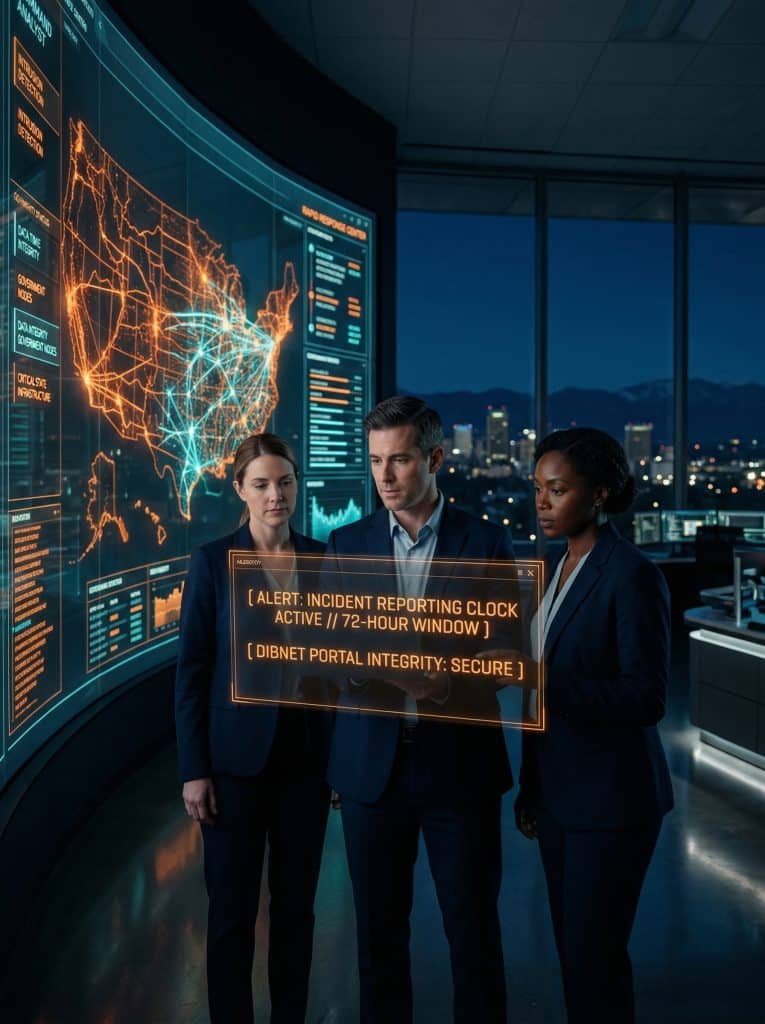Cybersecurity operations team walking through high-tech command center near Sacramento, CA with digital threat intelligence dashboards in the background