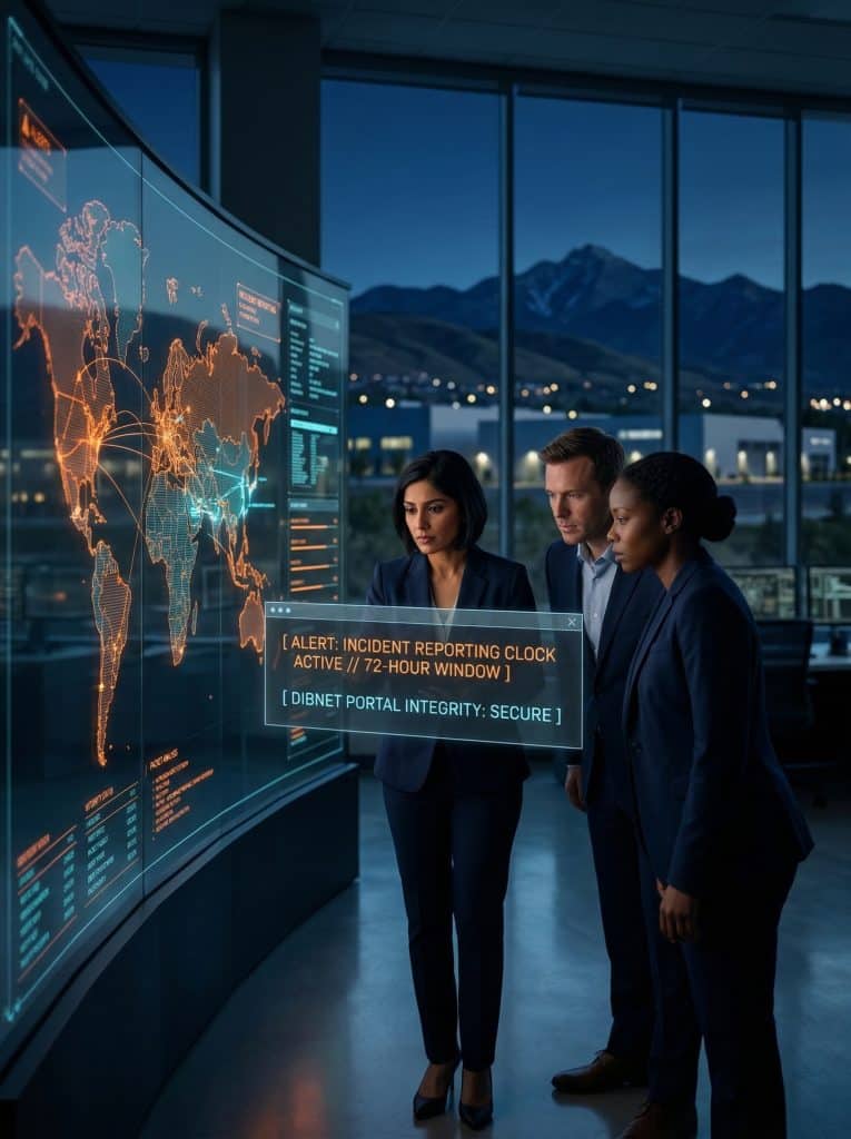 Cybersecurity operations team walking through high-tech command center near San Antonio, TX with digital threat intelligence dashboards in the background