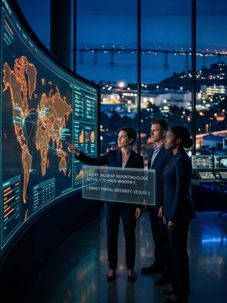 Cybersecurity operations team walking through high-tech command center near San DIego, CA with digital threat intelligence dashboards in the background
