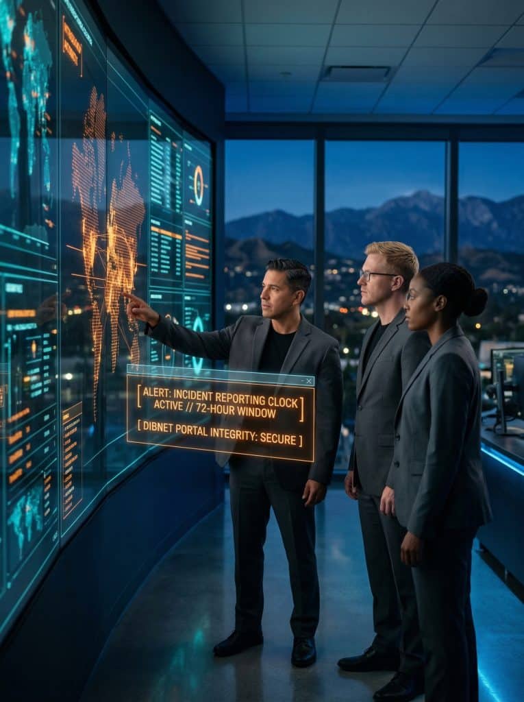 Cybersecurity operations team walking through high-tech command center near San Dimas, CA with digital threat intelligence dashboards in the background