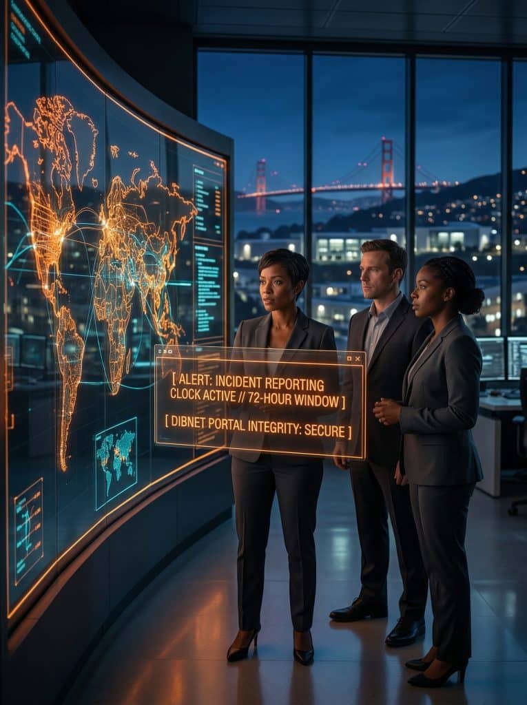 Cybersecurity operations team walking through high-tech command center near San Francisco, CA with digital threat intelligence dashboards in the background