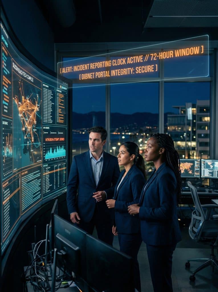 Cybersecurity operations team walking through high-tech command center near Santa Monica, CA with digital threat intelligence dashboards in the background