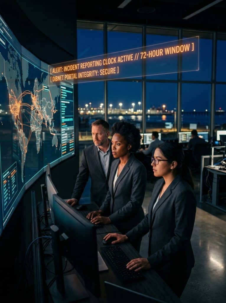 Cybersecurity operations team walking through high-tech command center near Seal Beach, CA with digital threat intelligence dashboards in the background