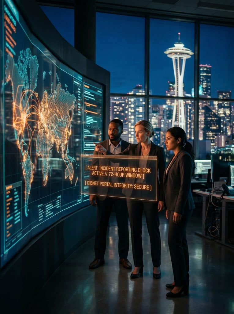 Cybersecurity operations team walking through high-tech command center near Seattle, WA with digital threat intelligence dashboards in the background