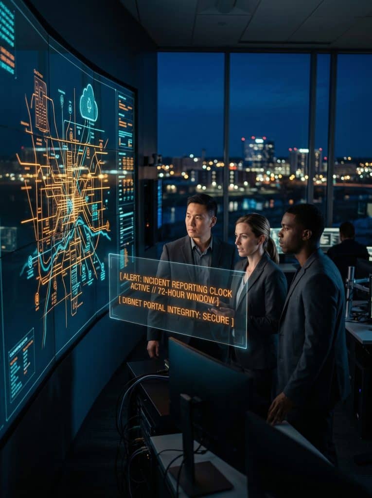 Cybersecurity operations team walking through high-tech command center near Sioux Falls, SD with digital threat intelligence dashboards in the background