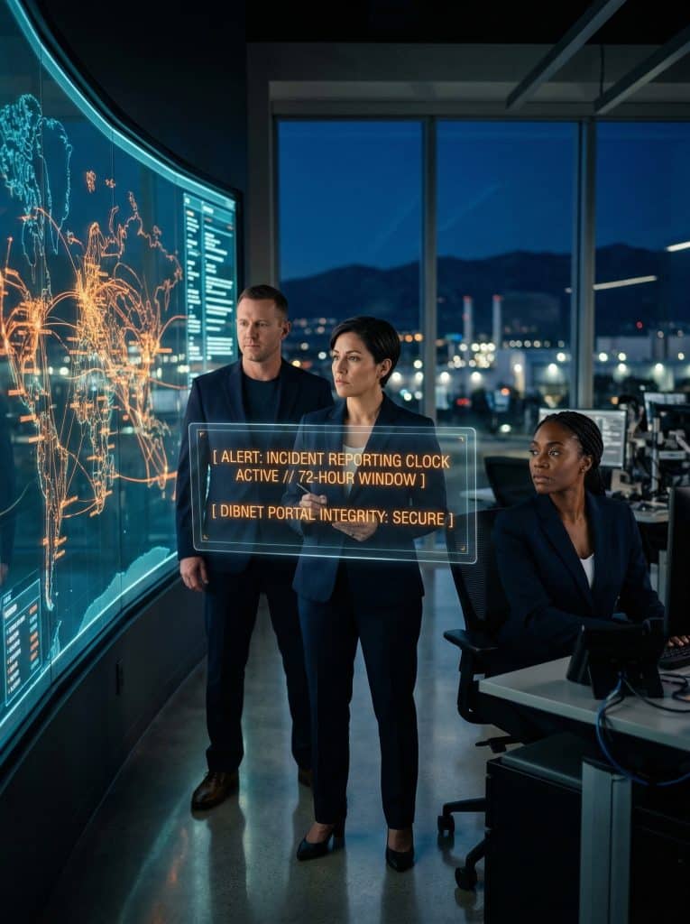 Cybersecurity operations team walking through high-tech command center near Torrance, CA with digital threat intelligence dashboards in the background