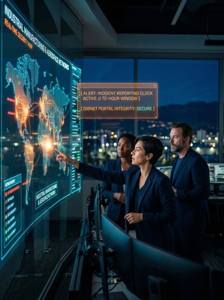 Cybersecurity operations team walking through high-tech command center near Tucson, AZ with digital threat intelligence dashboards in the background